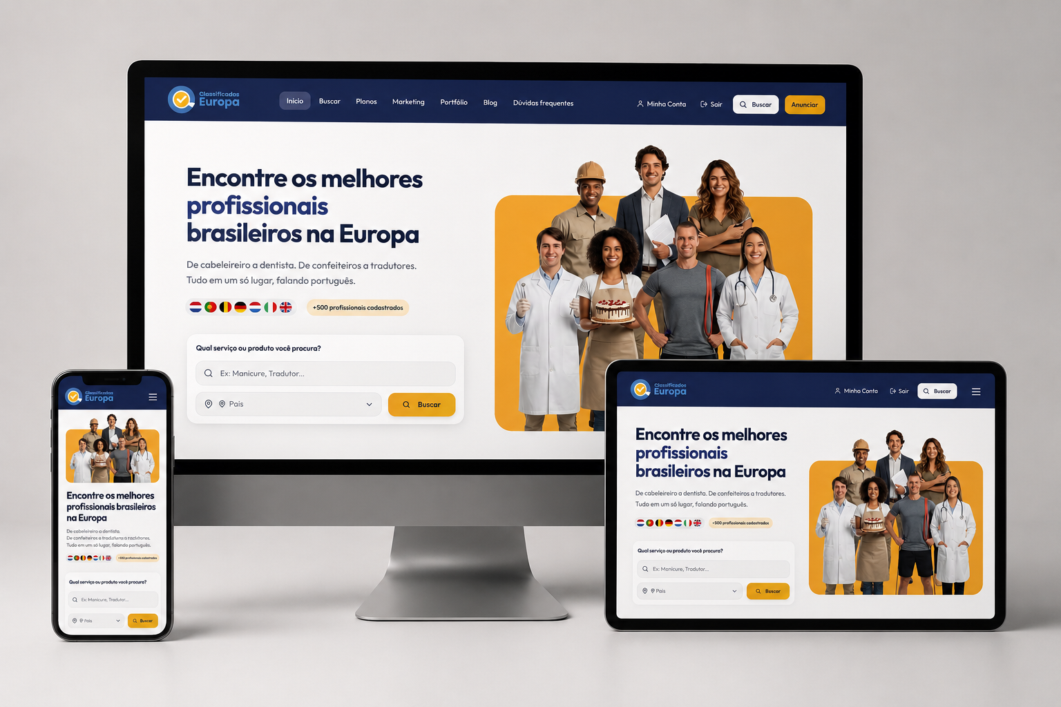 Classificados Europa — platform mockup